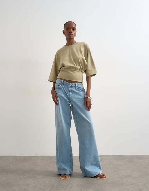 Topshop ruched cinch waist long sleeve top in light khaki green, 2 of 4