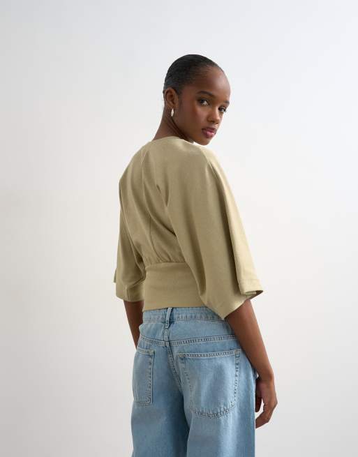 Topshop ruched cinch waist long sleeve top in light khaki green, 3 of 4