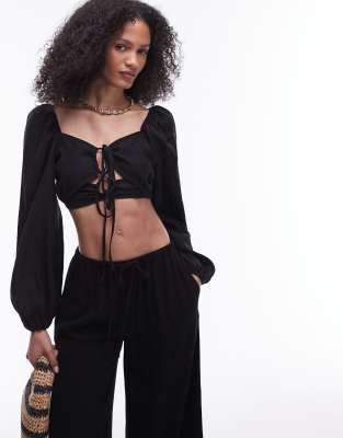 Topshop ruched cut out balloon sleeve top in black