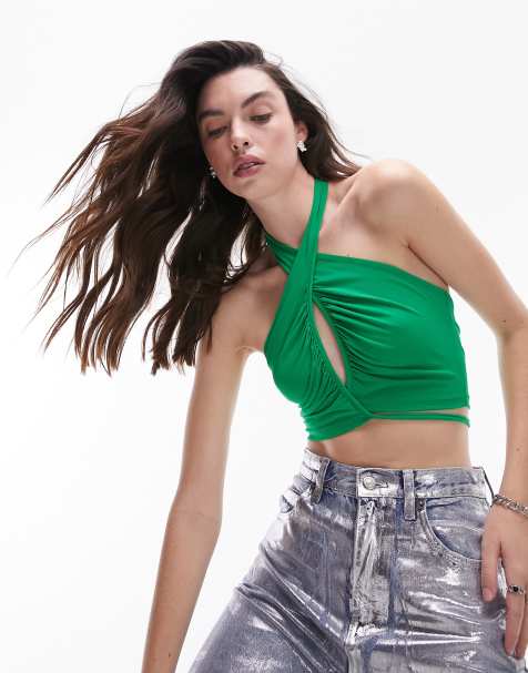 Topshop ruched cut out halter top in green - view 1