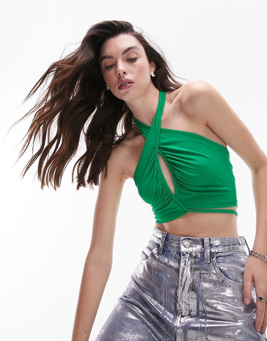 Topshop Ruched Cut Out Halter Top In Green
