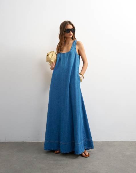 Topshop ruched denim maxi dress in mid blue - view 1