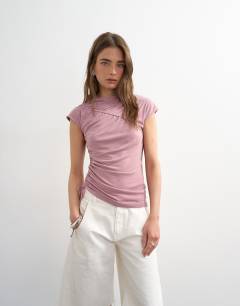 Model wearing Ruched detail cupro top in mauve