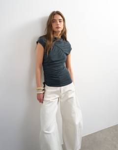 Ruched detail cupro top in washed black