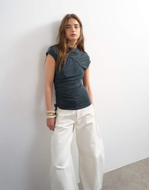 Topshop ruched detail cupro top in washed black