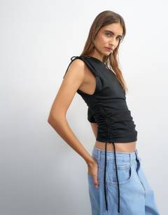 Ruched detail one sleeve top in black