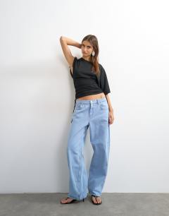 Model wearing Ruched detail one sleeve top in black