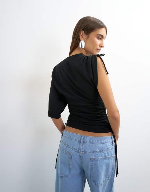 Topshop ruched detail one sleeve top in black, 4 of 4
