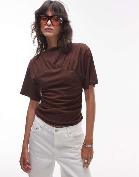 Topshop ruched detail short sleeve top in chocolate brown - view 1