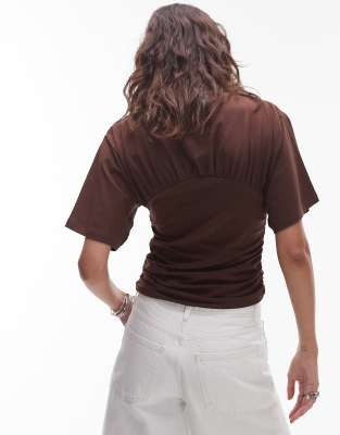 Topshop ruched detail short sleeve top in chocolate brown