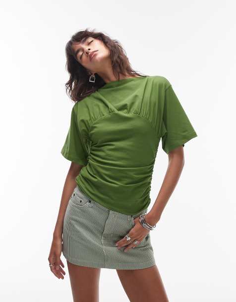 Topshop ruched detail short sleeve top in green - view 1