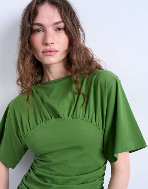 Topshop ruched detail short sleeve top in green, 3 of 4