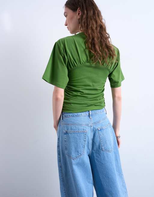 Topshop ruched detail short sleeve top in green, 4 of 4