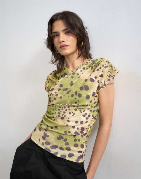 Topshop ruched detail wrap front short sleeve top in deer print - view 1