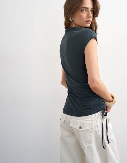 Topshop ruched detailing cupro top in washed black, 2 of 4