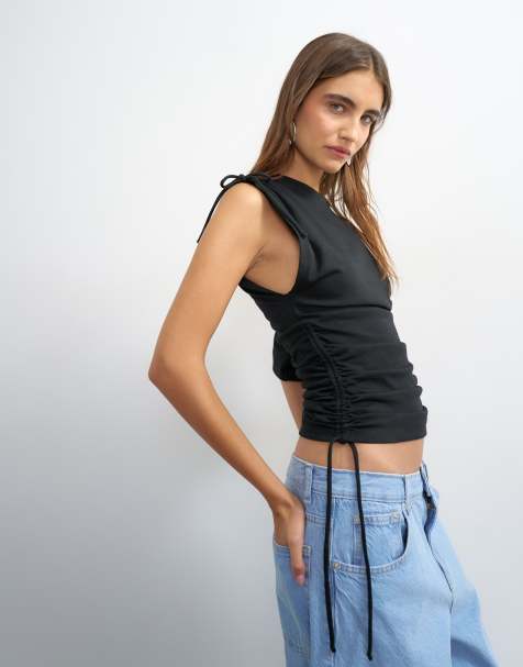 Topshop ruched detailing one sleeve top in black - view 1