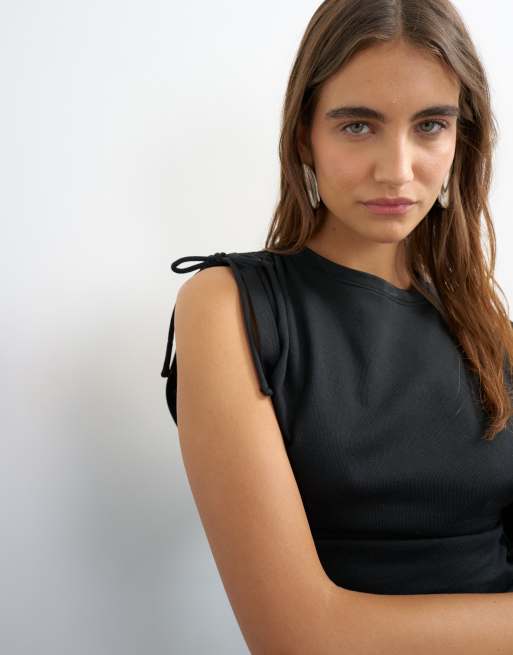 Topshop ruched detailing one sleeve top in black, 3 of 4