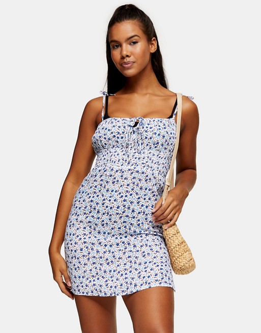 Topshop ruched ditsy mini beach dress in blue