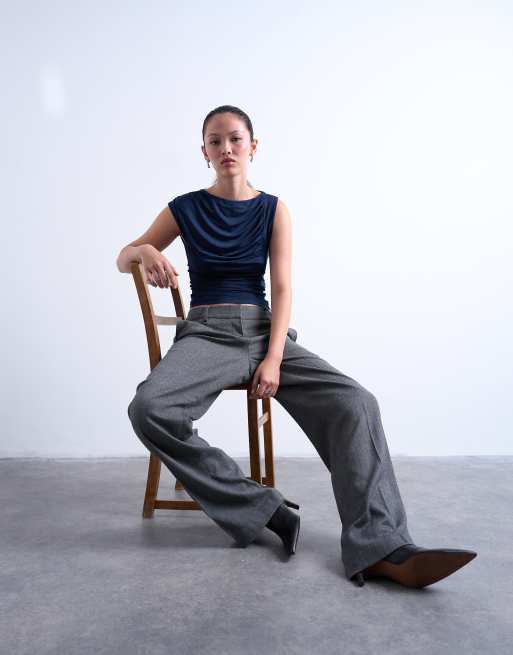 Topshop ruched draped tank top in navy, 2 of 4