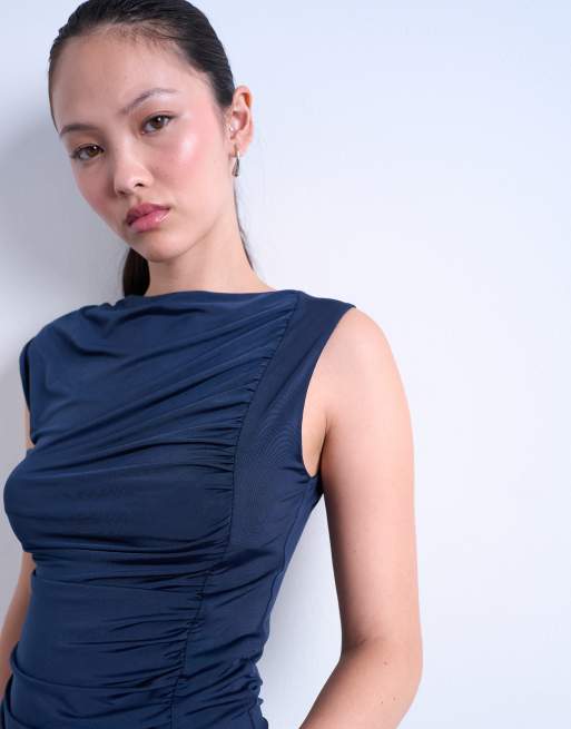 Topshop ruched draped tank top in navy, 4 of 4
