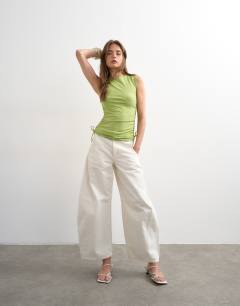 Model wearing Ruched drawcord tank in green