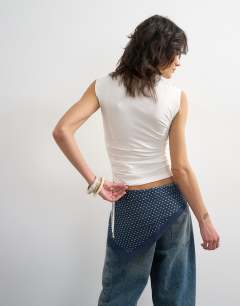 Model wearing Ruched drawcord tank in white