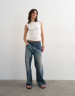 Model wearing Ruched drawcord tank in white