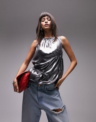 Topshop ruched foil top in gunmetal-Silver