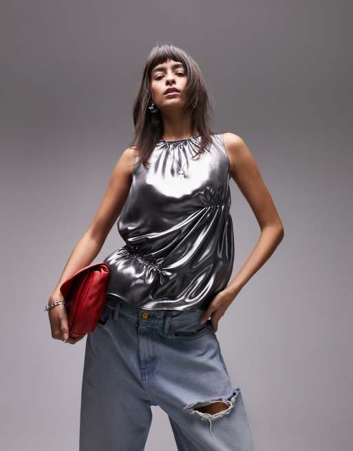 トップショップ Topshop ruched foil top in gunmetal レディース-