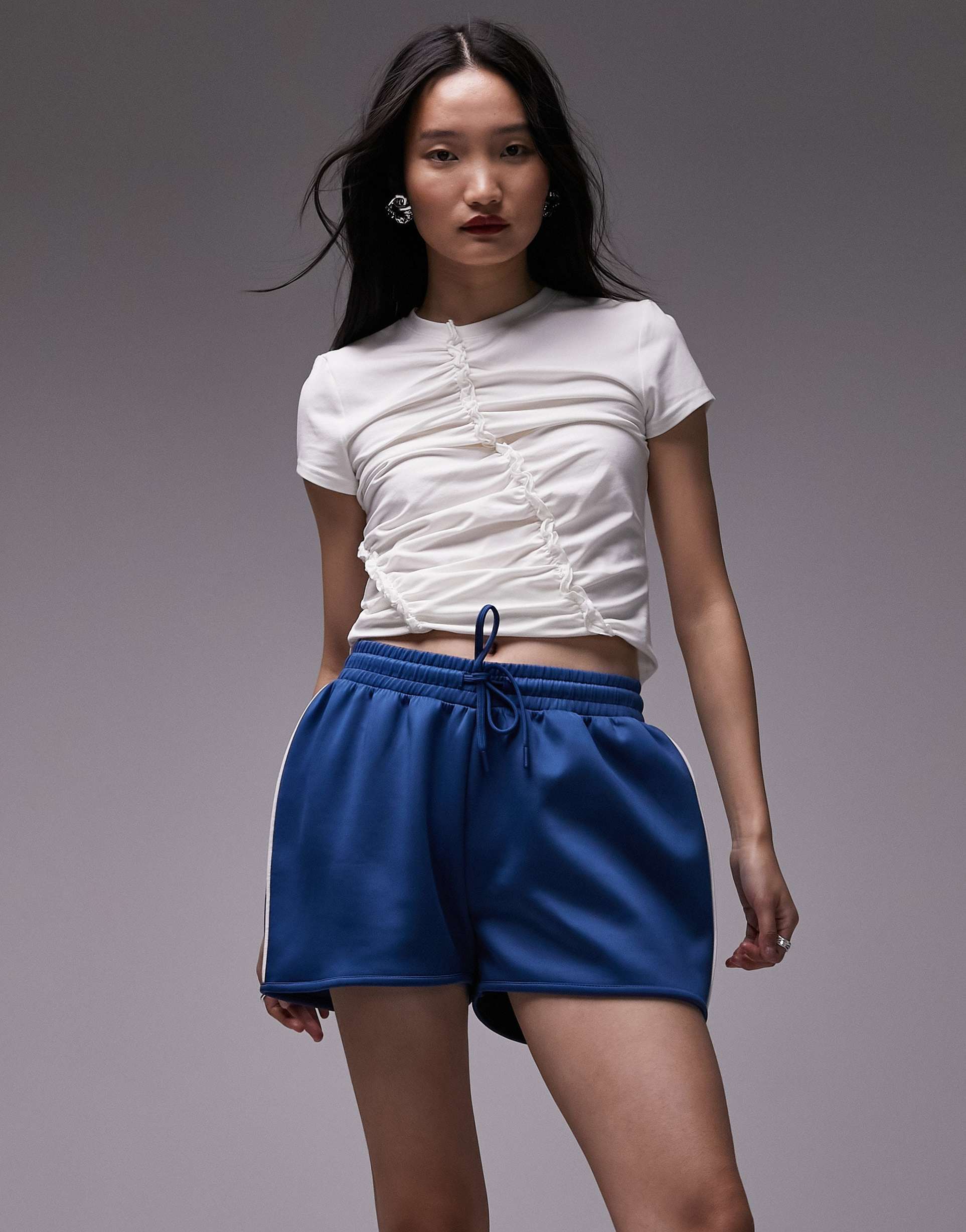 topshop ruched frill short sleeve tee in off white