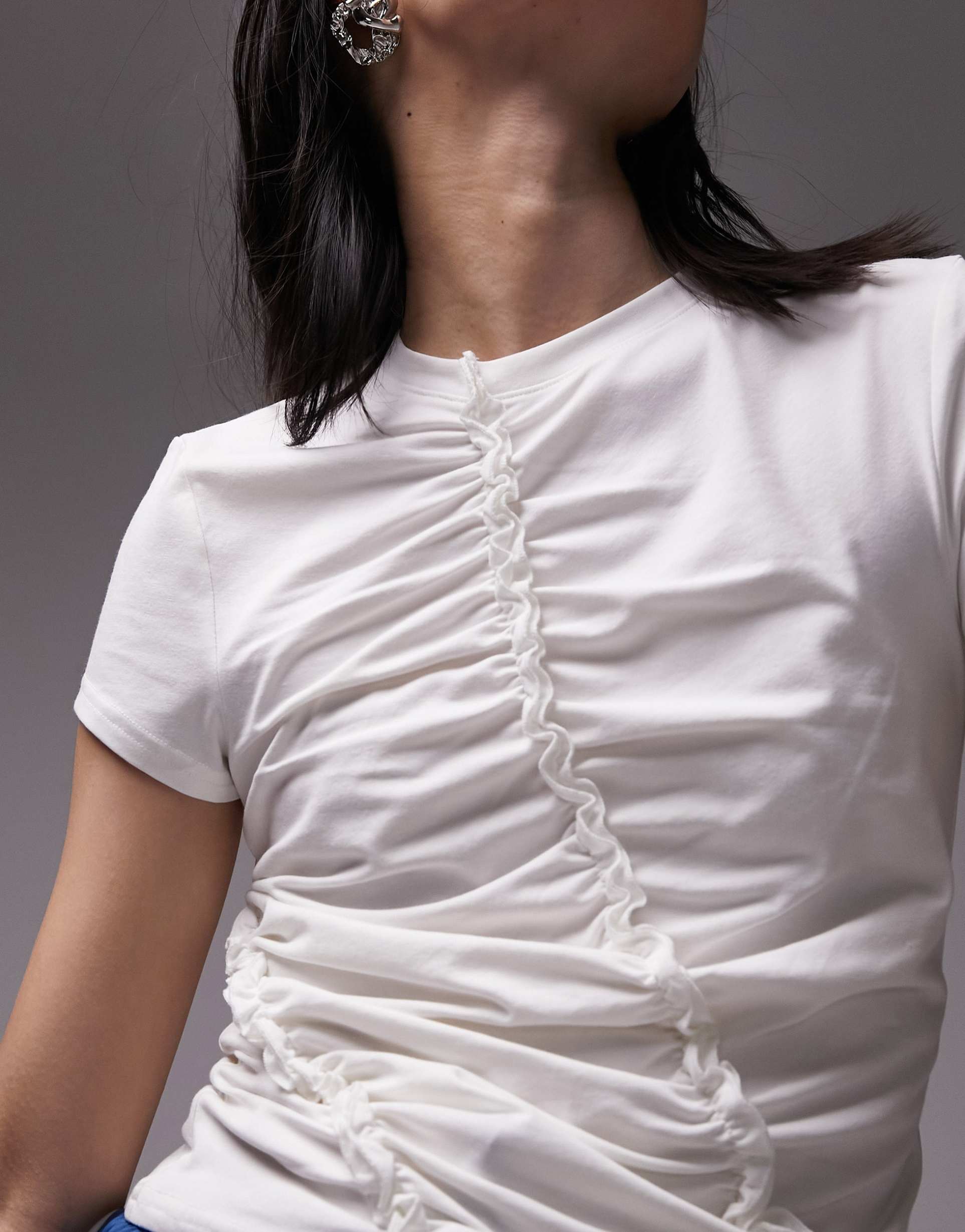 topshop ruched frill short sleeve tee in off white