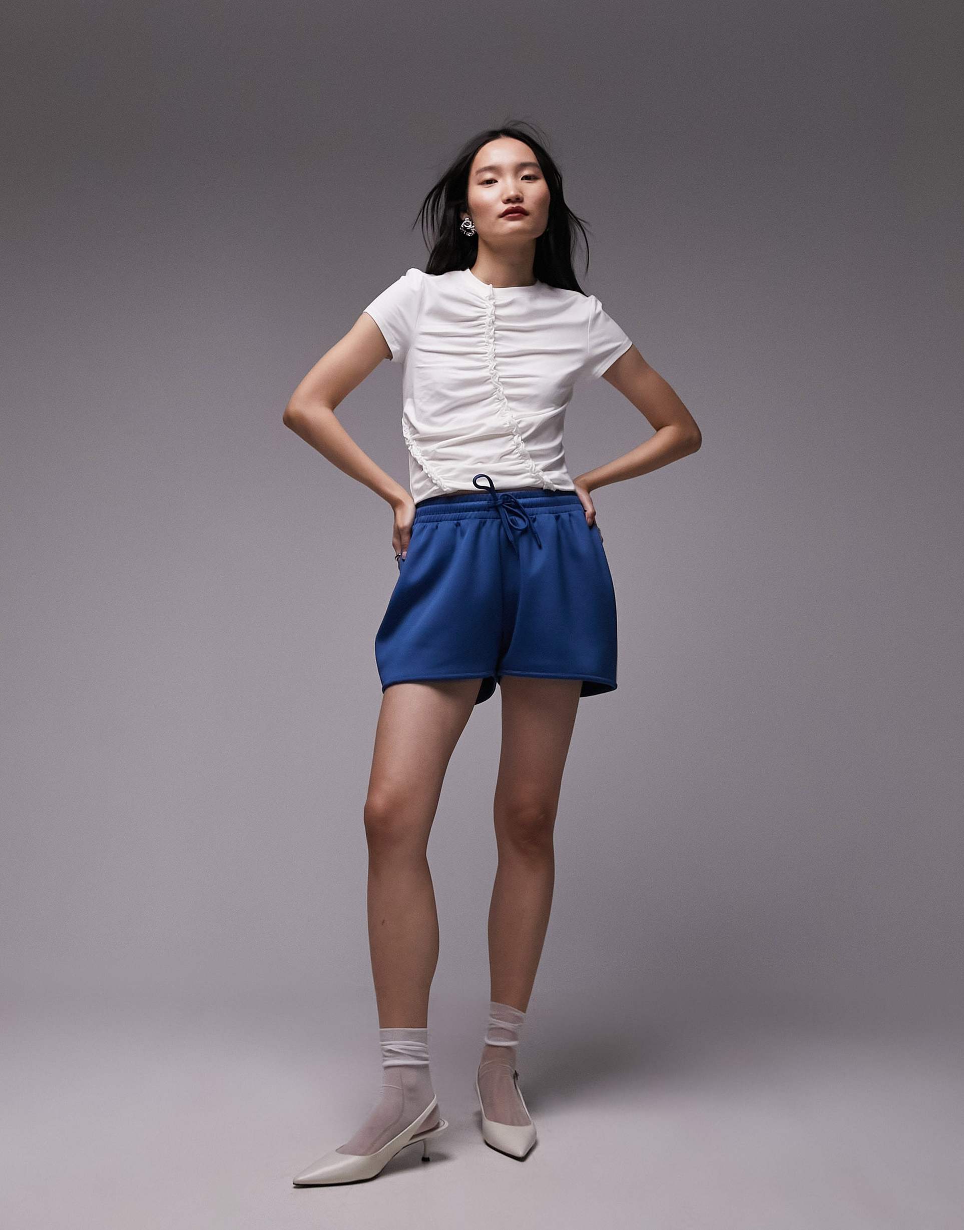 topshop ruched frill short sleeve tee in off white