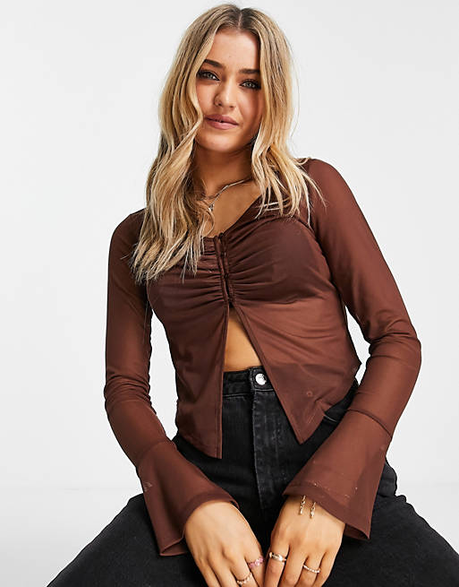 Tops Shirts & Blouses/Topshop ruched front button mesh top in chocolate 
