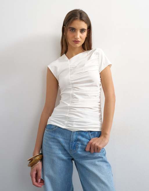 Topshop ruched front detail tee in ivory, 2 of 4
