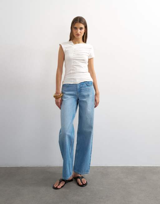 Topshop ruched front detail tee in ivory, 3 of 4