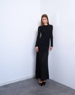Model wearing Ruched front drop waist maxi dress in black