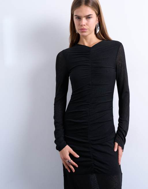Topshop ruched front drop waist maxi dress in black, 2 of 4