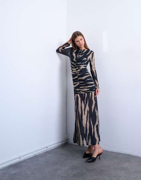 Topshop ruched front drop waist maxi dress in large animal print - view 1
