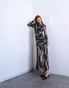 Ruched front drop waist maxi dress in large animal print