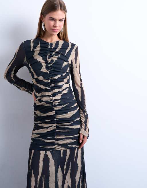 Topshop ruched front dropped waist maxi dress in large animal print