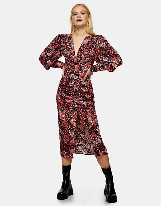 Topshop ruched front floral print midi dress in multi