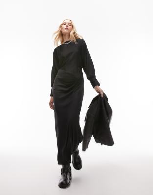 ruched front long sleeve printed midi dress in black