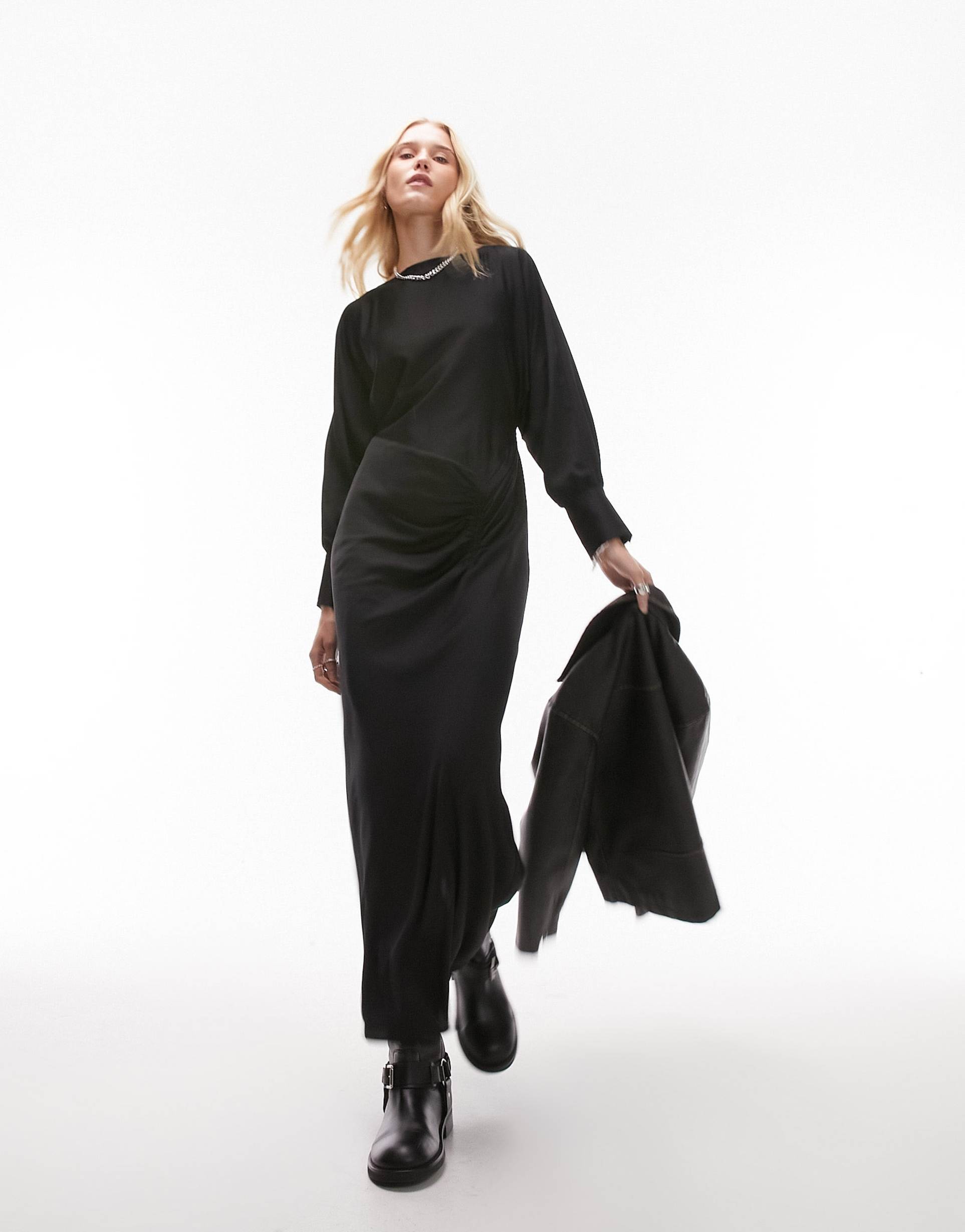 topshop ruched front long sleeve printed midi dress in black