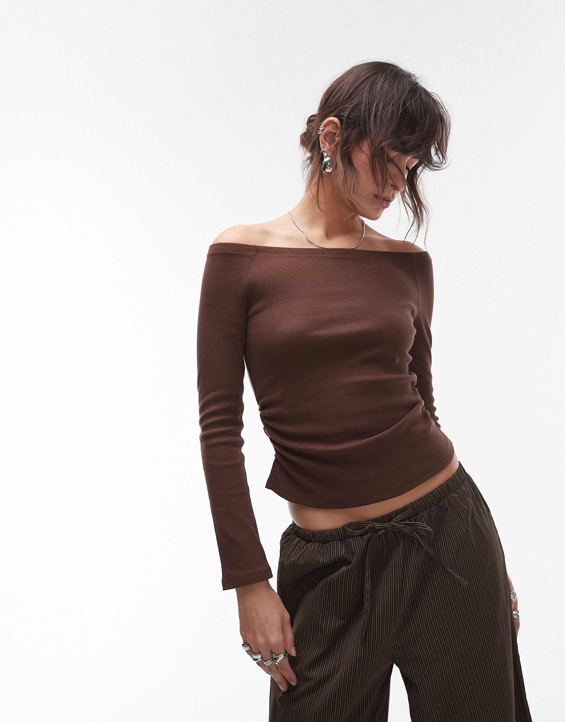topshop ruched front long sleeve top in brown