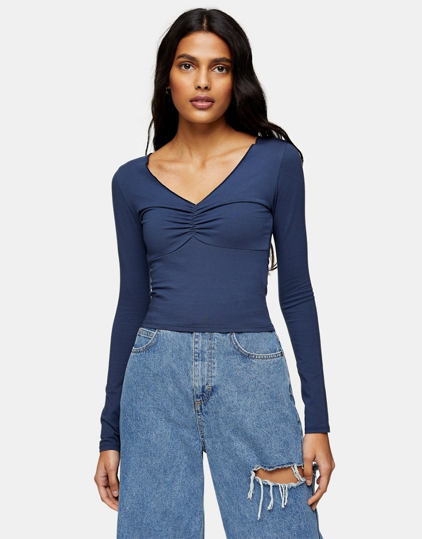 Topshop ruched front long sleeve top in navy blue-Blues