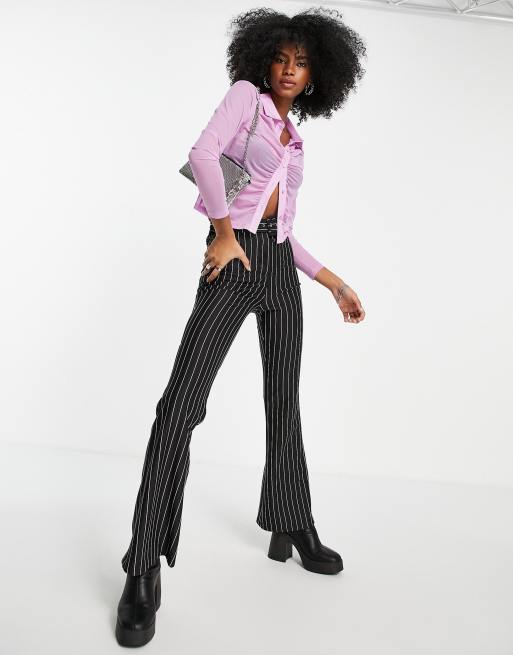Topshop ruched front mesh shirt in lilac, 4 of 4