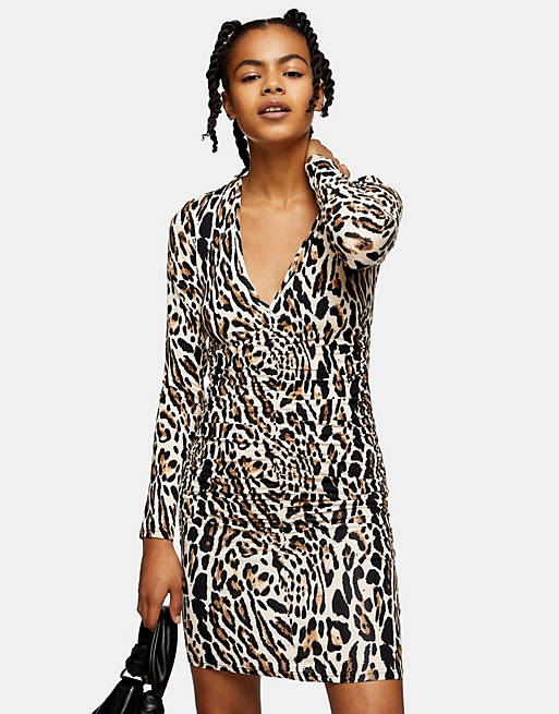Topshop ruched front mini dress in leopard print