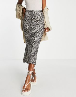 Topshop ruched front satin snake midi skirt in neutral