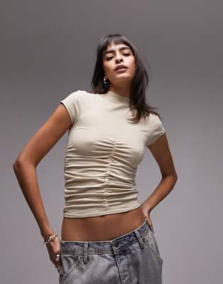 Topshop ruched front short sleeve top in stone-Neutral