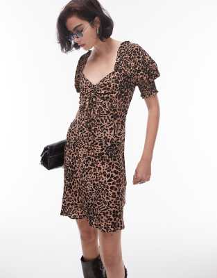 Topshop Ruched Front Tea Dress In Animal Print-green